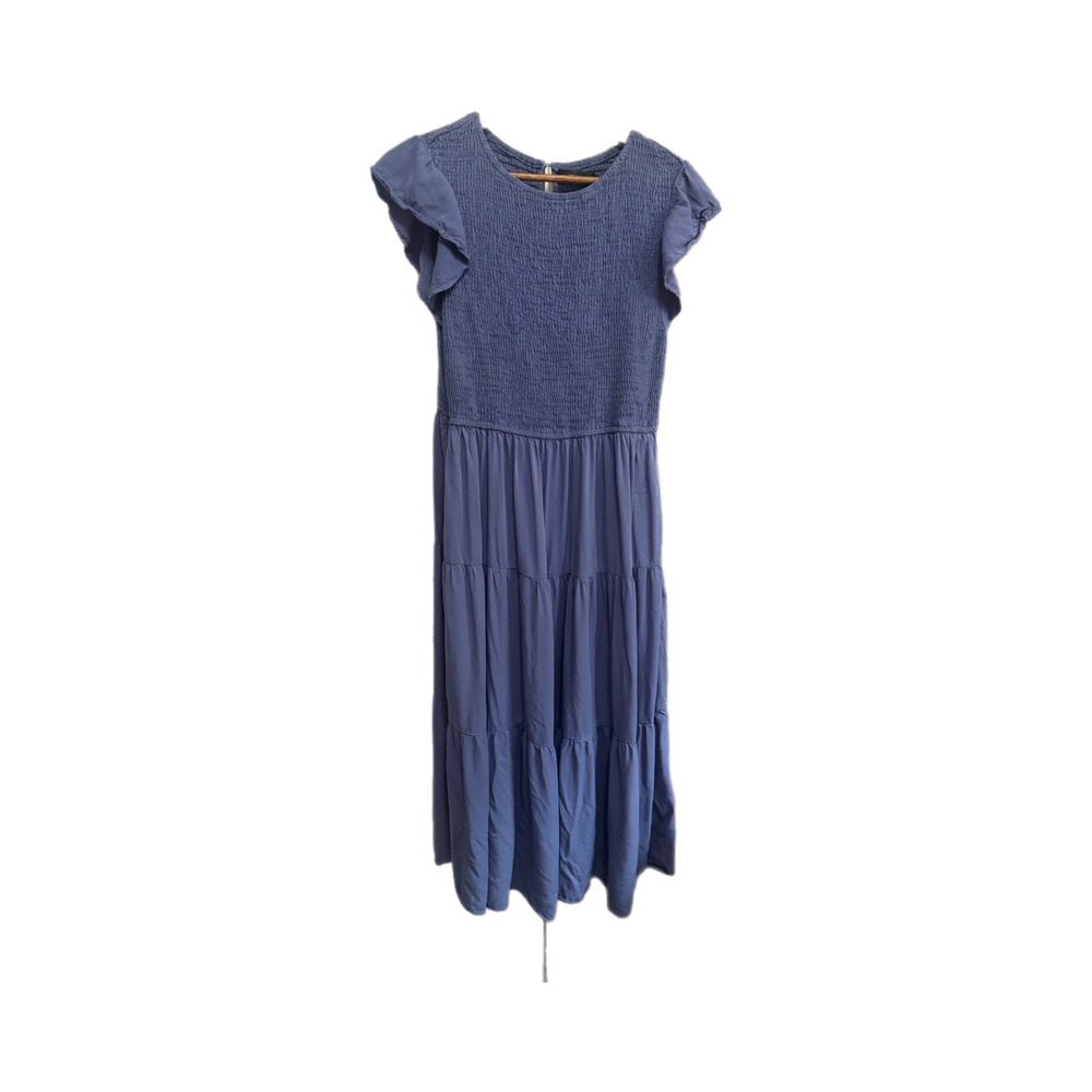 Zesica Midi Dress Womens Large Blue Excellent Smocked Tiered Flutter Sleeve